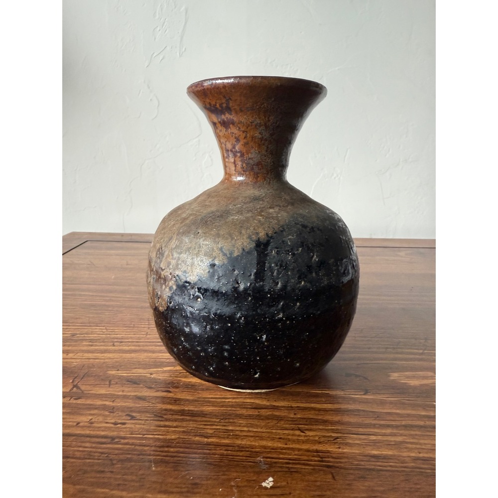 Signed Studio Pottery Vase Brown and Black Glaze Earthy Rustic Vessel